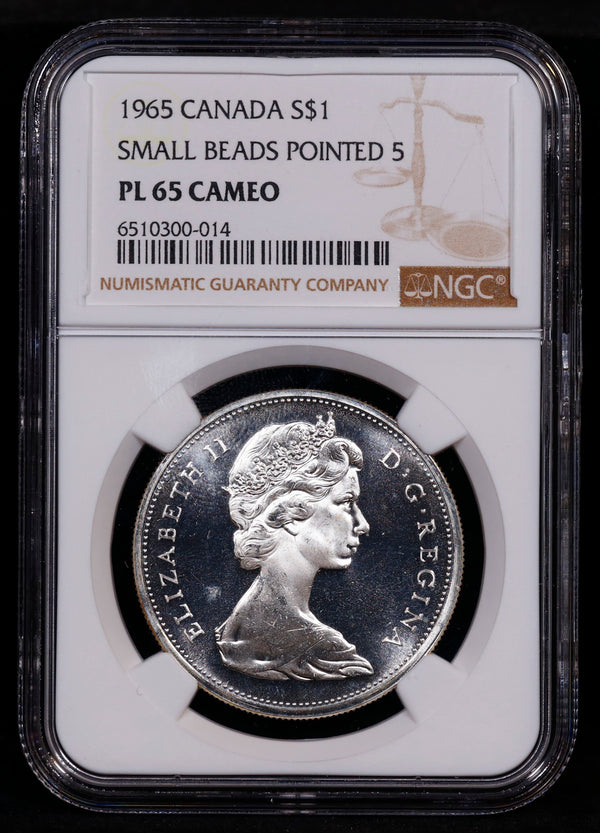 1965 Canada Silver Dollar S$1 Small Beads Pointed 5 NGC PL65 Cameo