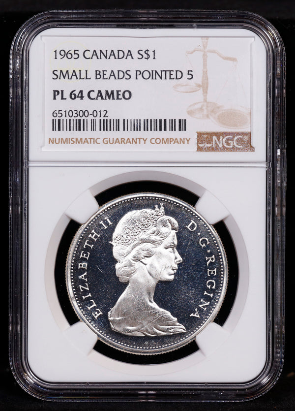 1965 Canada Silver Dollar S$1 Small Beads Pointed 5 NGC PL64 Cameo