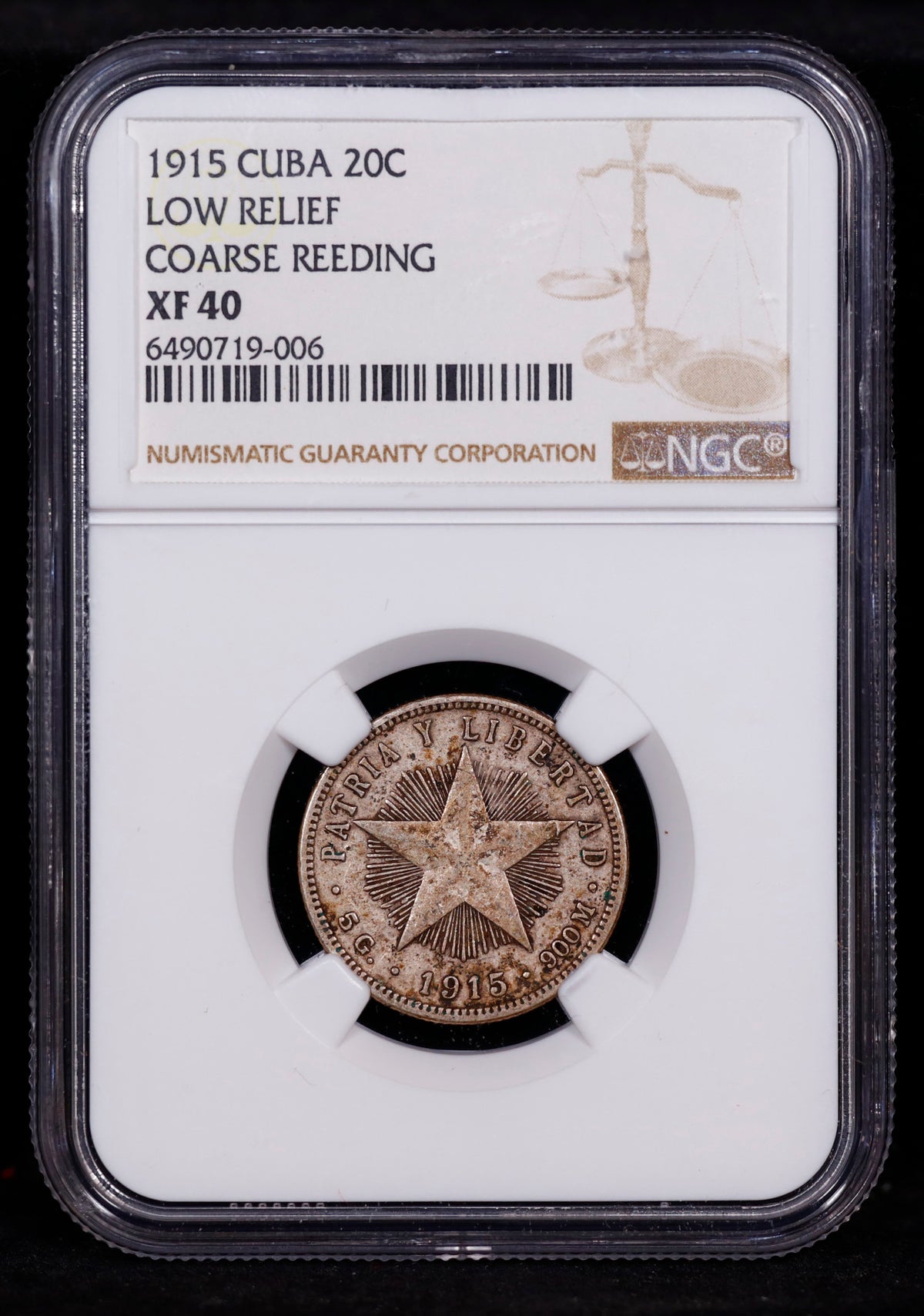 1915 Cuba 20c Centavos Low Relief Coarse Bleeding NGC XF40