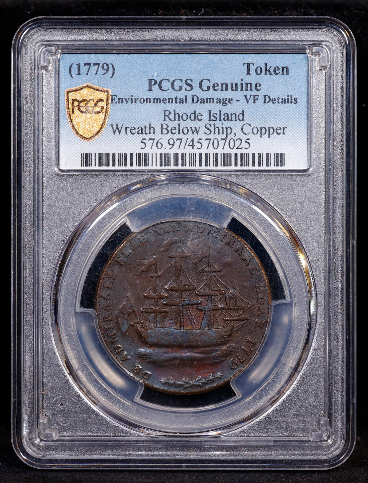 1779 Rhode Island Ship Token Wreath Below Ship Copper PCGS VF Details