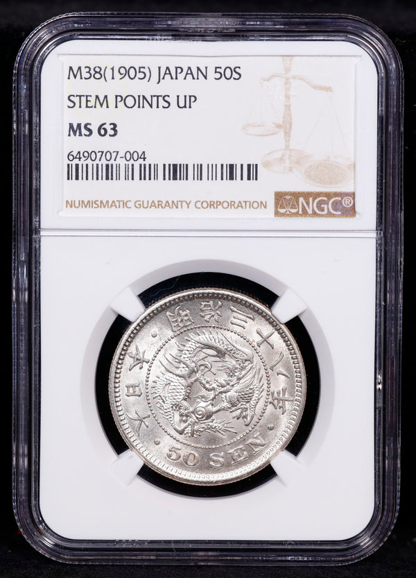 M38(1905) Japan 50S Sen Stem Points Up NGC MS63