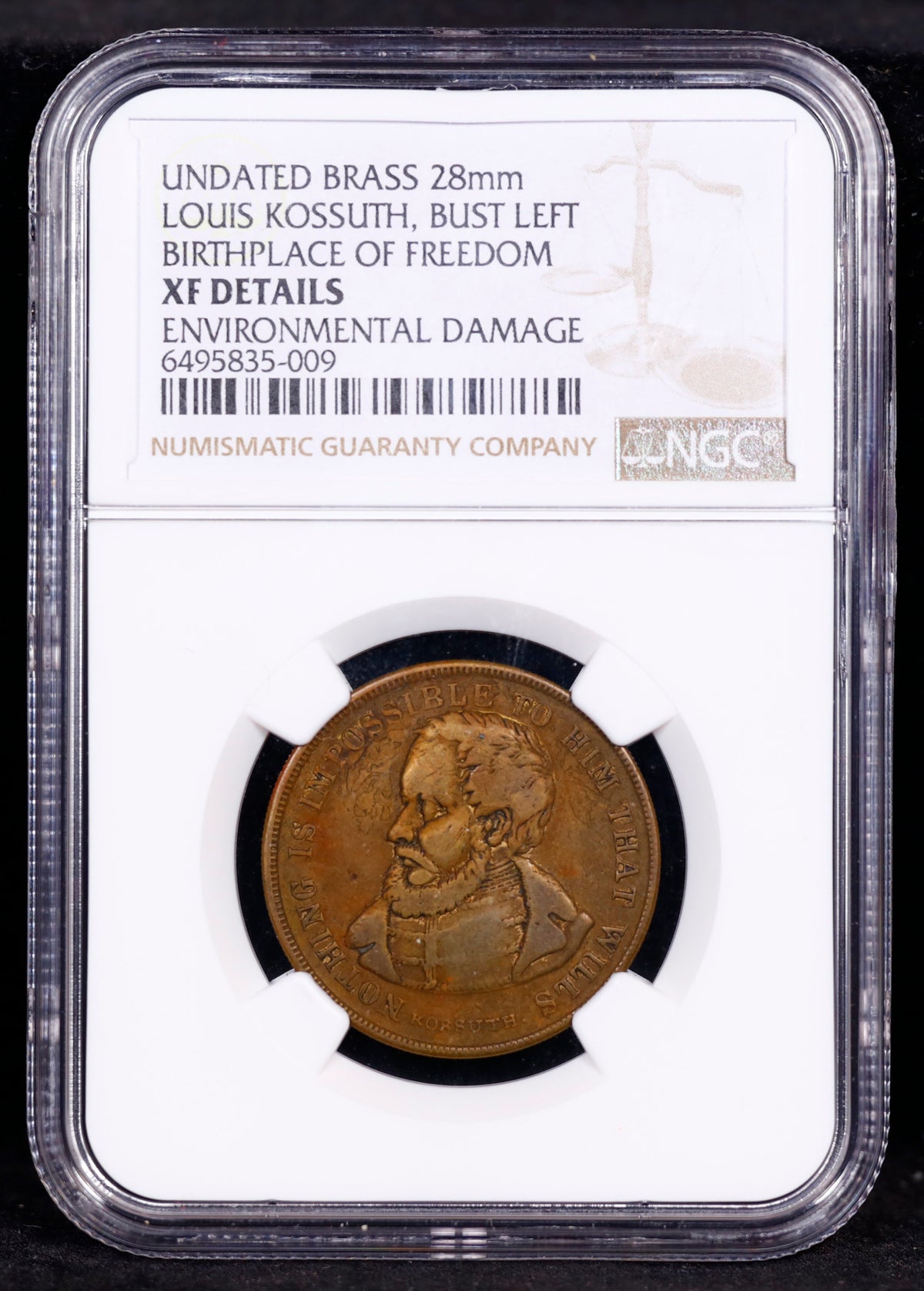 Undated Brass 28mm Louis Kossuth Bust Left Birthplace of Freedom NGC XF Details Environmental Damage