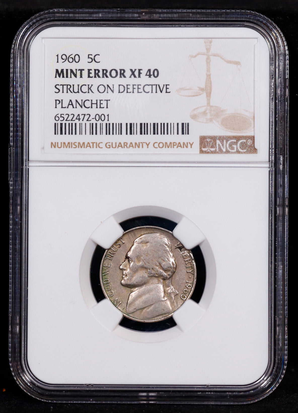 Mint Error 1960 5c Jefferson Nickel Struck on Defective Planchet NGC XF40