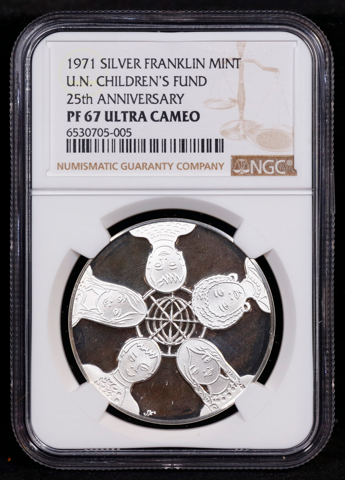 1971 Silver Franklin Mint U.N. Children's Fund 25th Anniv. Oversized Medal NGC Proof 67 Ultra Cameo