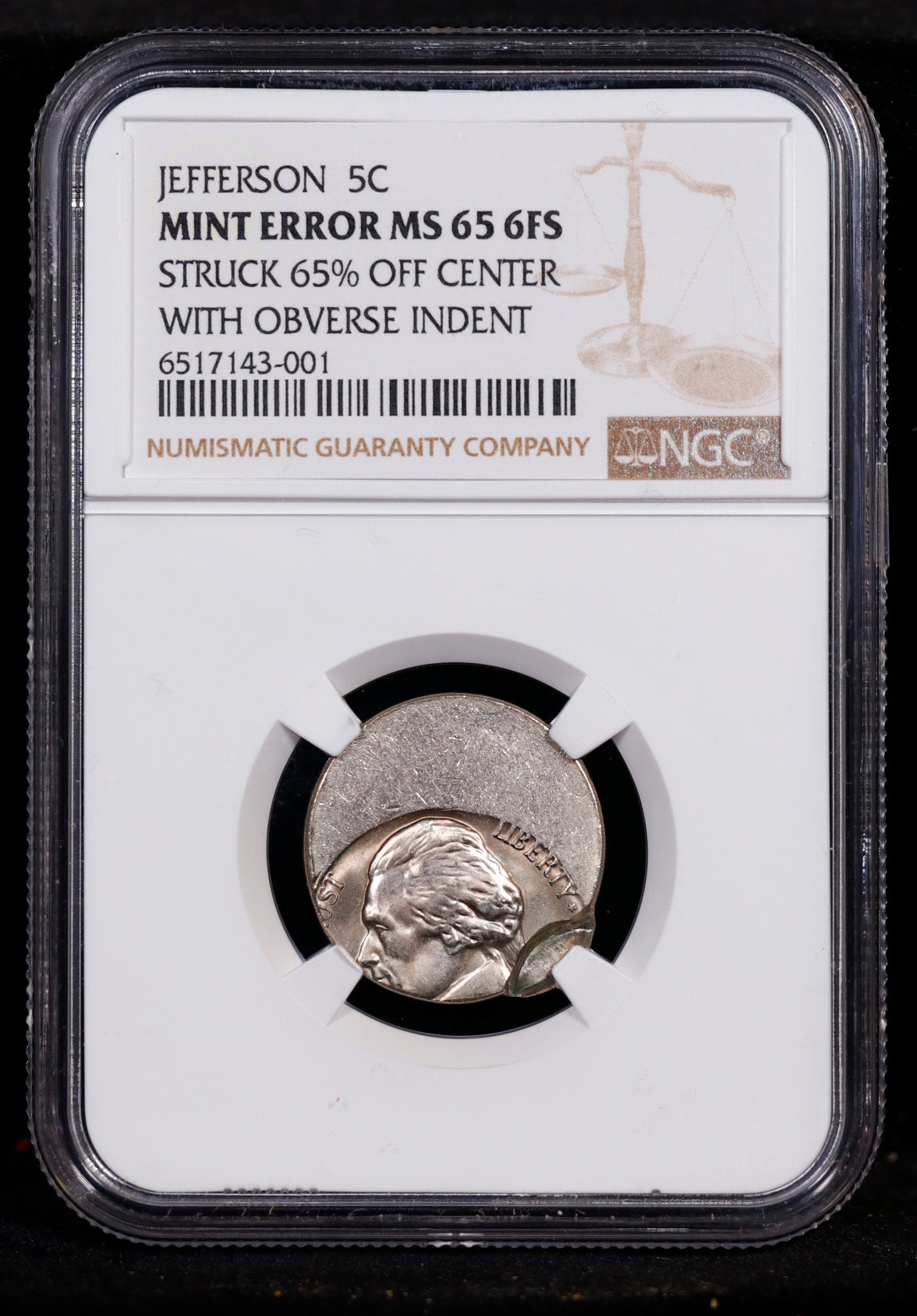 Mint Error Jefferson 5c Nickel NGC MS65 6FS Struck 65% Off-Center With Obverse Indent