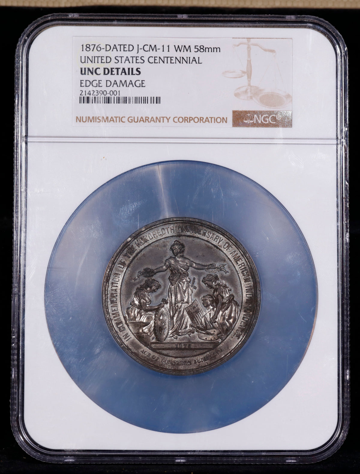 1876-Dated J-CM-11 WM 58mm U.S. Centennial NGC UNC Details