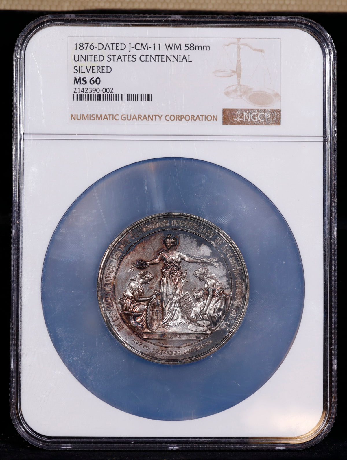 1876-Dated J-CM-11 WM 58mm U.S. Centennial Silvered NGC MS60