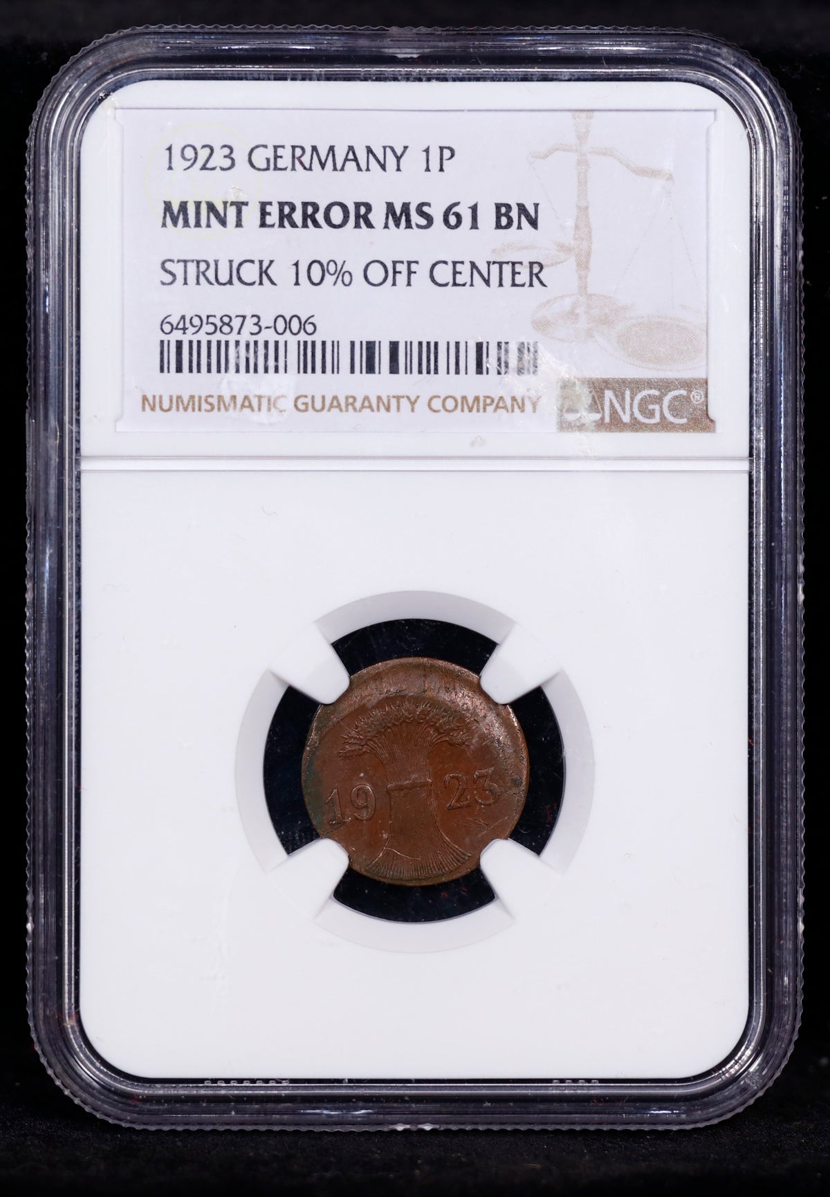 Mint Error 1923 Germany 1p NGC MS61 BN Struck 10% Off-Center