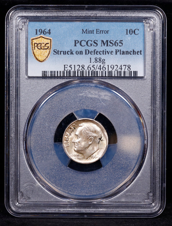Mint Error 1964 10c Dime Struck on Defective Planchet PCGS MS65