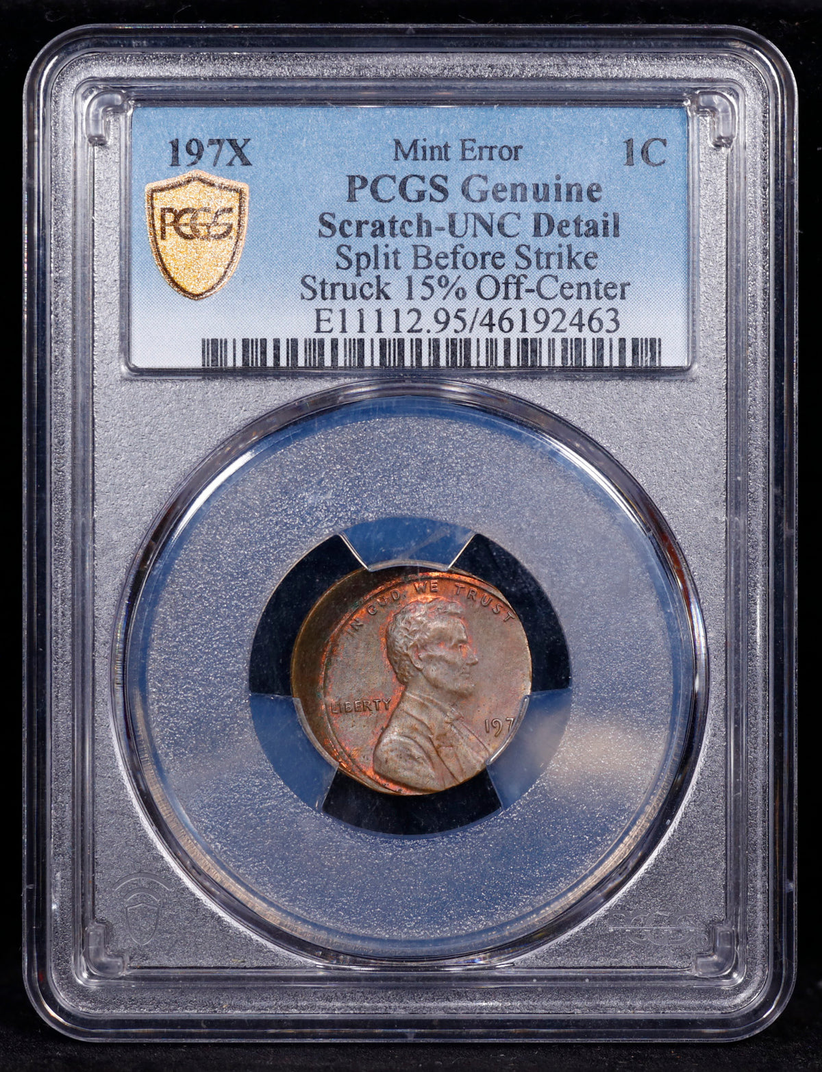 Mint Error 197X 1c Split Before Strike Struck 15% Off-Center PCGS UNC Detail