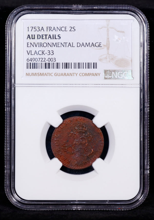 1753A France 2s Shilling VLACK-33 NGC AU Details Environmental Damage