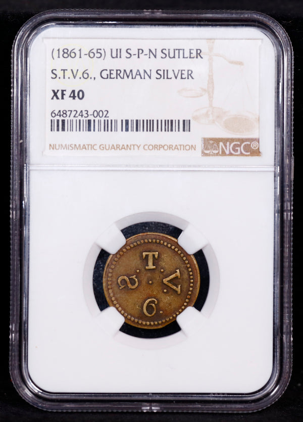 TOP POP! (1861-65) UI S-P-N Sutler S.T.V.6. German Silver NGC XF40 Civil War Sutler Token R-9
