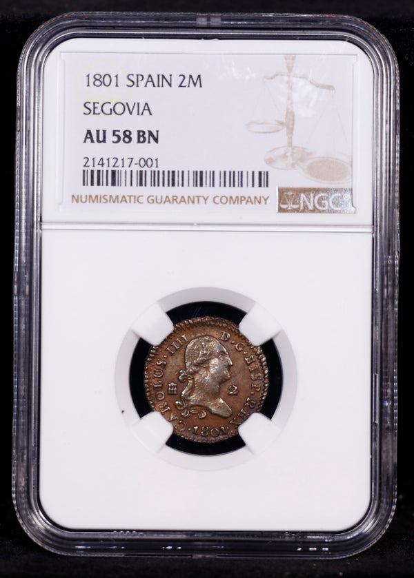 1801 Spain 2M Maravedis Segovia NGC AU 58 BN 2nd Finest Known