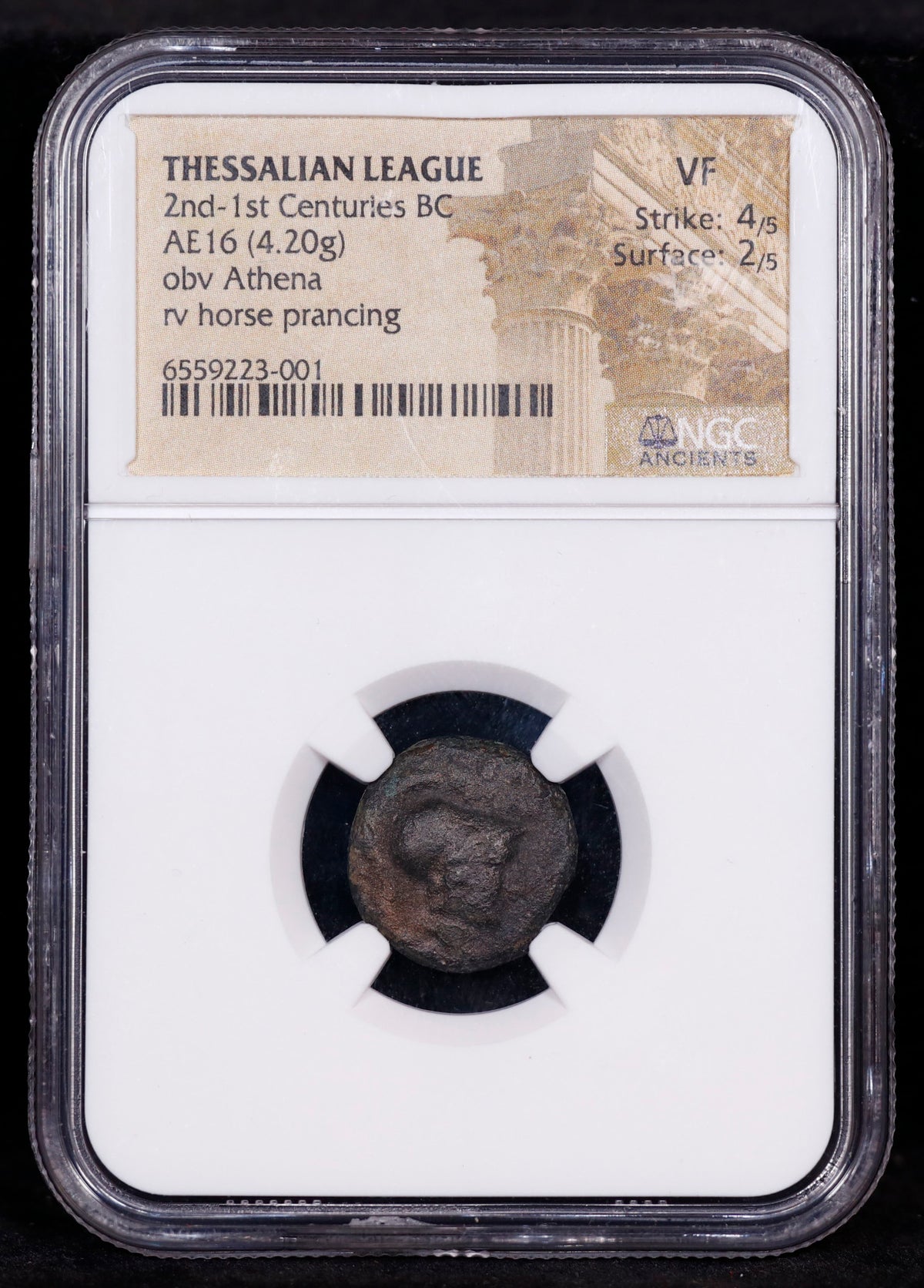 Thessalian League 2nd-1st Centuries BC AE16 obv Athena tv horse prancing NGC VF