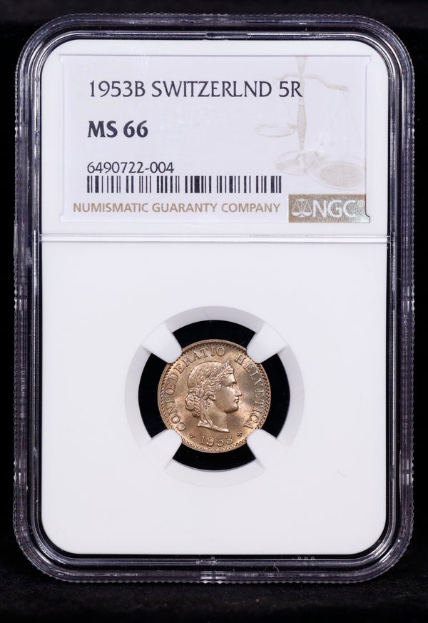 1953-B Switzerland 5R Rappen NGC MS66