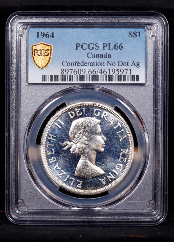 1964 Silver Dollar S$1 Canada PCGS PL66 Confederation Rare No Dot