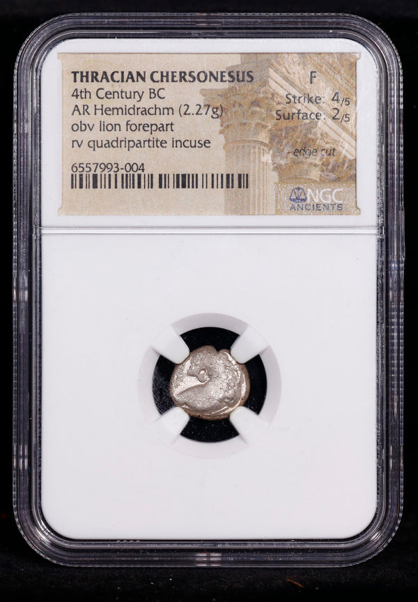 Thracian Chersonesus 4th Century BC AR Hemidrachm obv lion forepart rv quadripartite incuse NGC F